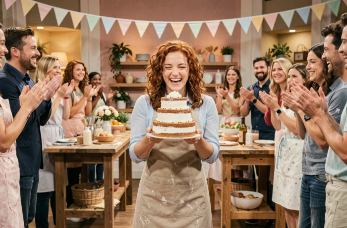 Gagnante du Meilleur Pâtissier 2024 tenant son gâteau avec émotion entourée des autres candidats dans le studio TV
