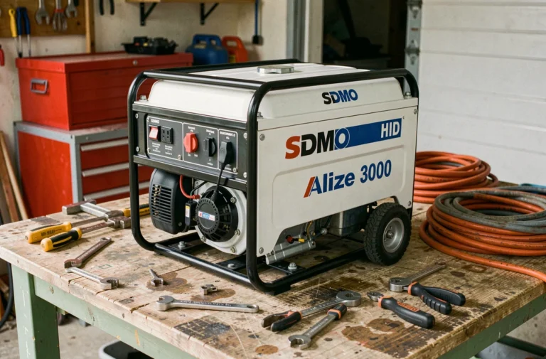 Générateur portable SDMO Alizé 3000 posé sur un établi en bois dans un atelier de garage, vue trois quarts avant