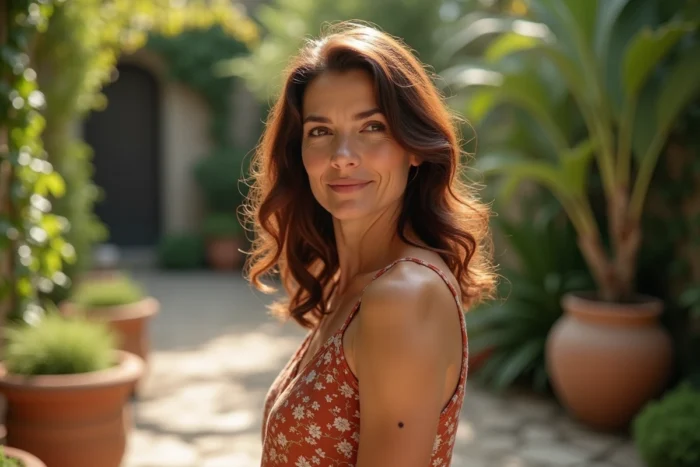 Femme en robe d'été dans un jardin botanique avec des grains de beauté visibles sur l'épaule