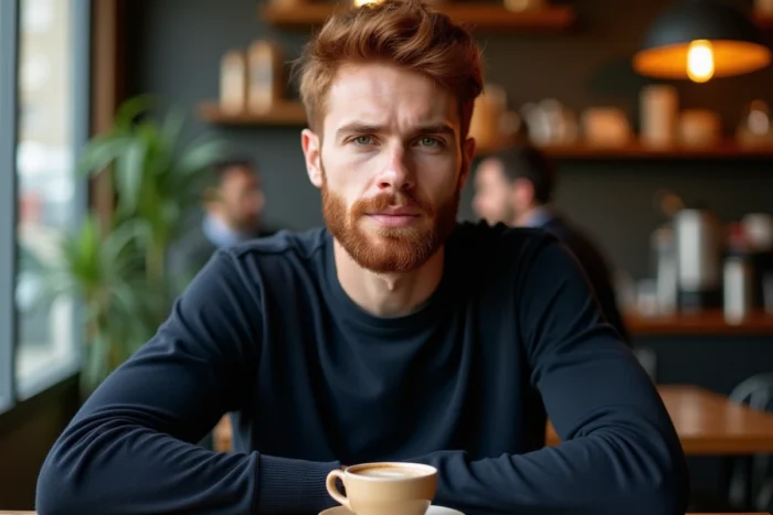 Portrait en trois quarts d'un homme en café avec un grain de beauté visible sur la mâchoire