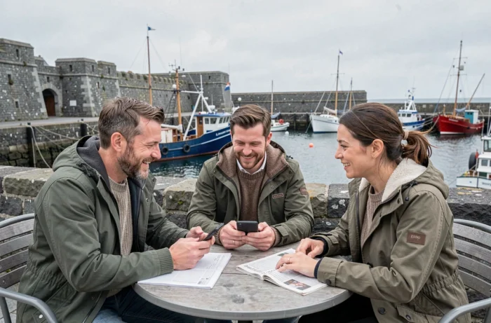 Gruppo di persone che discutono delle ultime notizie bretone in terrazza di un caffè di fronte al porto storico di Saint-Malo
