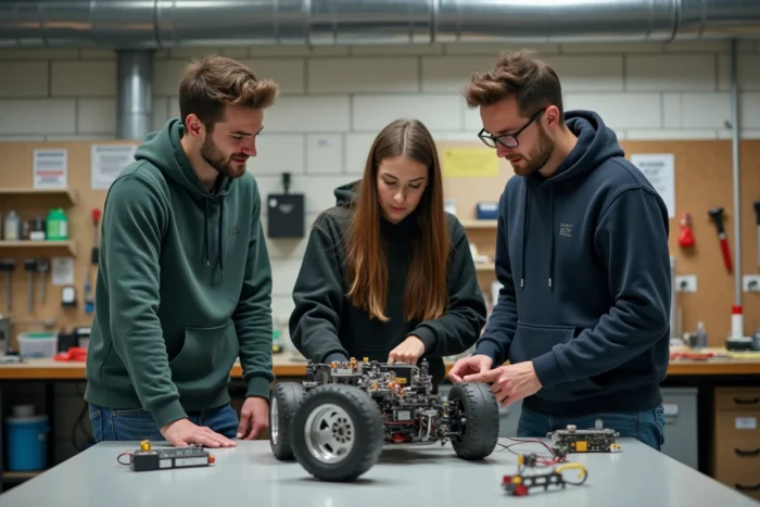 Groupe d'étudiants en BUT GMP analysant un prototype mécanique en atelier de fabrication universitaire, travail collaboratif en génie mécanique