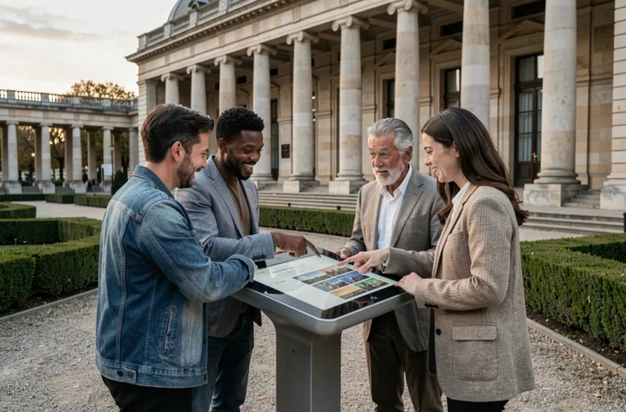 Groupe de personnes consultant un kiosque d'informations culturelles dans les jardins du Palais-Royal à Paris