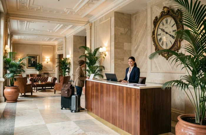 Hall d'accoglienza di un hotel elegante nel centro di Bruxelles con receptionist sorridente e decorazioni in marmo