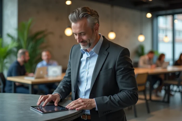 Homme d'affaires utilisant une tablette pour accéder à une plateforme B2B dans un espace de coworking moderne