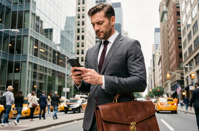 Homme d'affaires en costume devant un immeuble de bureaux dans un quartier financier urbain