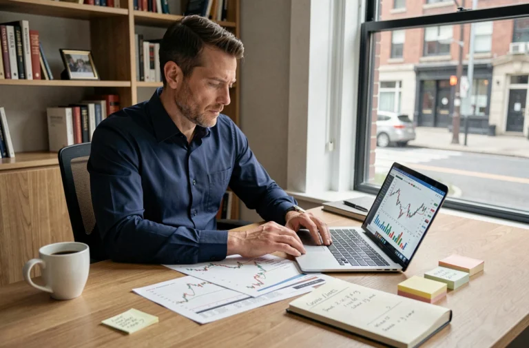 Homme analysant des graphiques boursiers sur un bureau en bois avec un ordinateur portable et des documents financiers imprimés