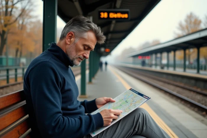 Homme lisant une carte des zones Navigo sur le quai d'une gare RER en banlieue parisienne