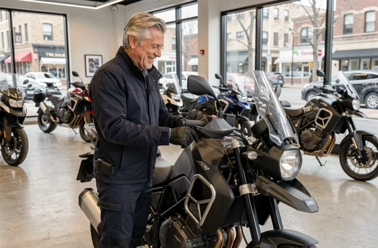 Homme de 55 ans en veste de moto marine examinant une moto aventure dans un showroom de concessionnaire moto