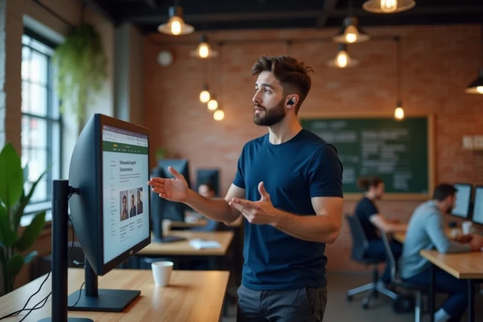 Homme entrepreneur en espace de coworking présentant une stratégie de business en ligne devant un écran affichant un site e-commerce