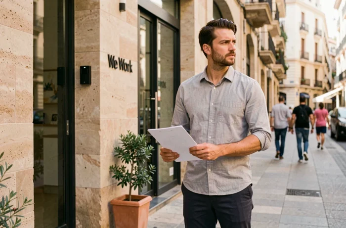 Jeune homme francophone devant un espace de coworking à Madrid tenant son CV, prêt à postuler à une offre d'emploi en Espagne