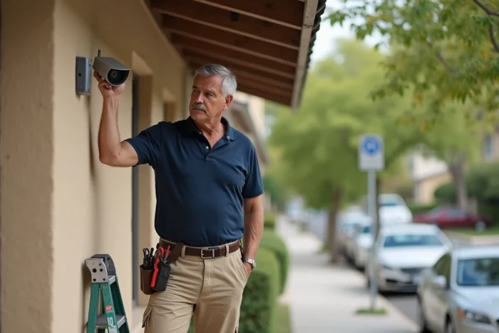 Homme installant une caméra de surveillance sans fil sur la façade extérieure de sa maison