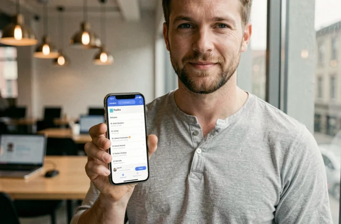 Homme découvrant l'interface mobile renouvelée du site Fusov en 2026 dans un espace de coworking