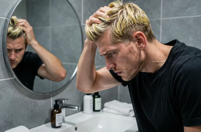 Homme examinant ses mèches blondes abîmées dans un miroir de salle de bain avec une expression préoccupée