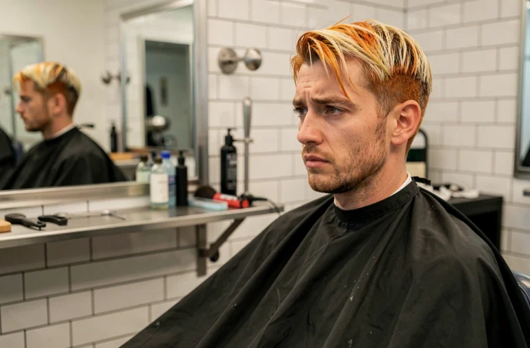 Homme aux mèches blondes ratées assis dans un fauteuil de barbier examinant ses cheveux dans un miroir