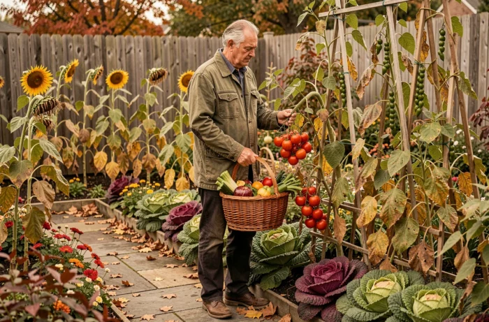 Uomo che raccoglie verdure in un orto in autunno con un cesto di vimini pieno di raccolti colorati