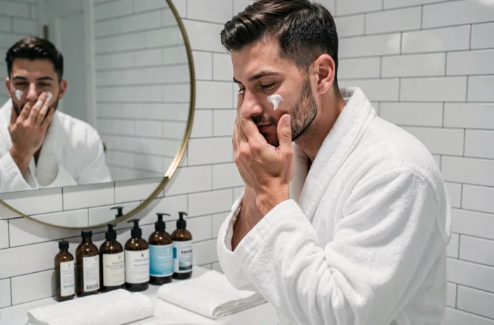 Homme appliquant sa routine de soins visage dans une salle de bain moderne, geste de bien-être quotidien