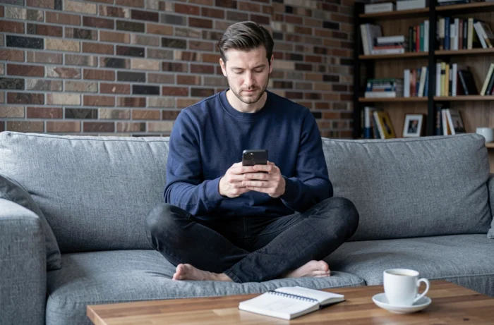 Uomo che esplora tendenze moda su smartphone comodamente seduto in un salotto moderno