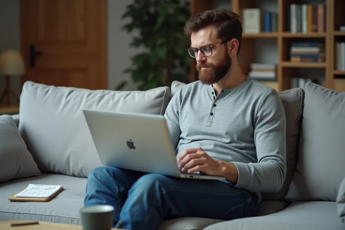 Homme travaillant sur un sitemap de site web depuis son salon avec un ordinateur portable et des notes manuscrites