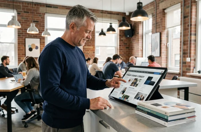 Homme explorant la navigation simplifiée d'un magazine sur tablette dans un espace de coworking
