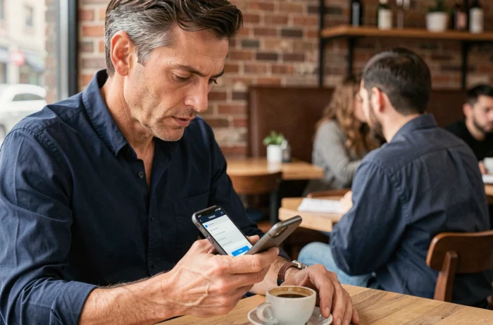 Homme consultant ses identifiants Banque Postale sur son smartphone dans un café en ville