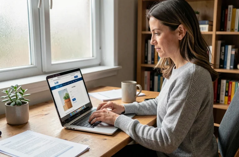 Femme connectée à son espace personnel Banque Postale sur un ordinateur portable depuis son bureau à domicile