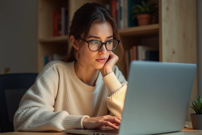 Jeune femme inquiète devant son ordinateur portable consultant des contenus fuités sur internet