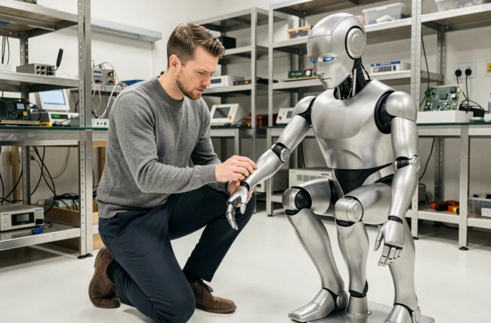 Ingegnere maschile che ispeziona un robot umanoide in un laboratorio di ricerca tecnologica avanzata