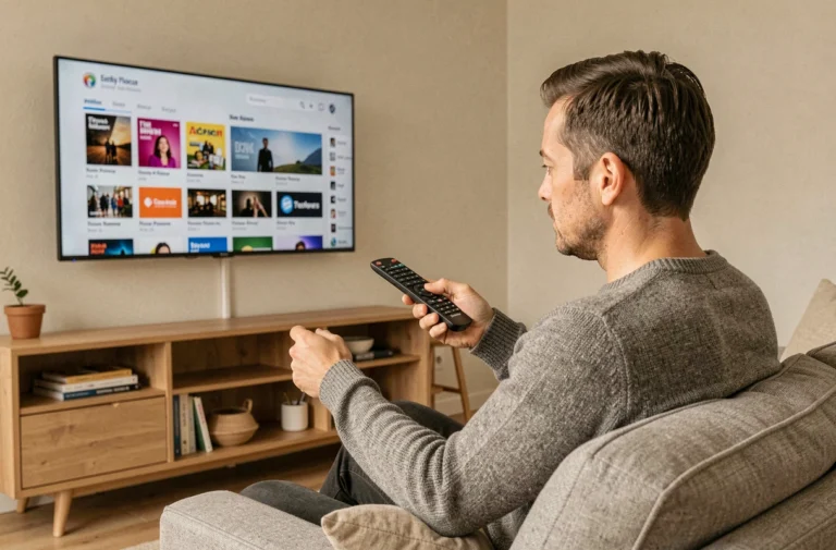 Homme installant une application sur une Smart TV Philips depuis son canapé dans un salon moderne