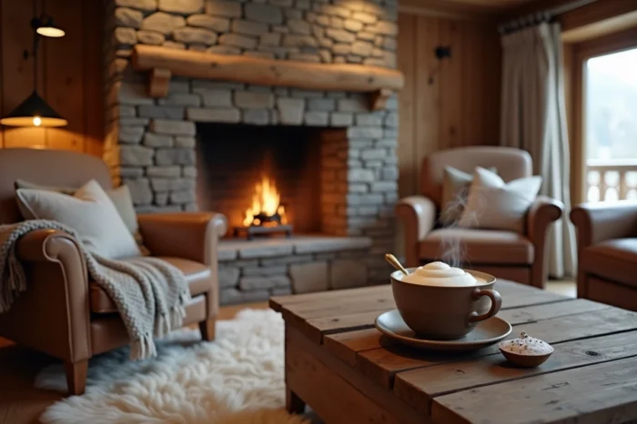 Intérieur chaleureux d'un chalet de luxe à Megève avec cheminée en pierre, fauteuil en cuir et tasse de chocolat chaud