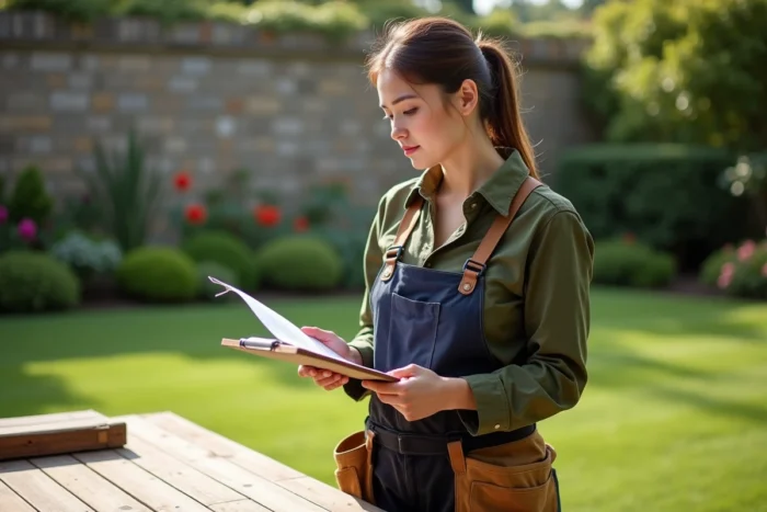 Jardinière professionnelle consultant un devis dans un jardin privé avec pelouse et parterres fleuris