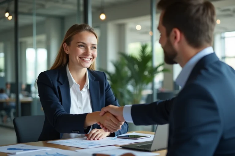 Jeune diplômée signant un partenariat professionnel grâce au programme orionb2b fr dans un espace de travail moderne