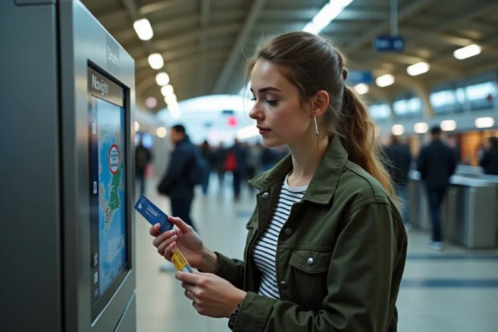 Jeune femme validant son pass Navigo devant un plan des zones dans une gare Transilien à Paris