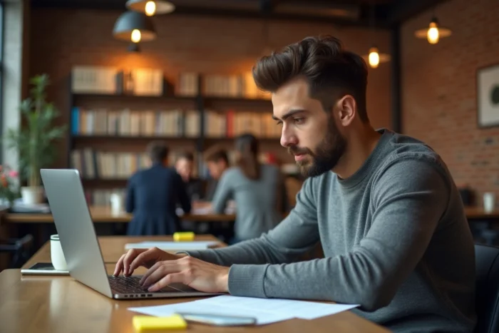 Jeune homme diplômé travaillant sur son développement professionnel dans un espace de coworking via orionb2b fr
