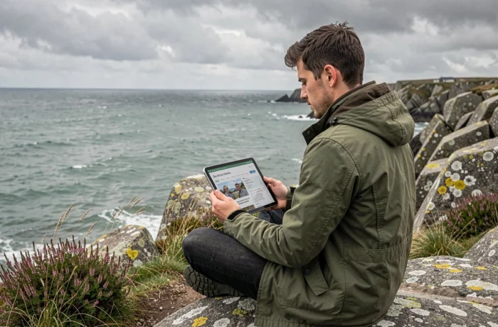 Giovane uomo bretone che consulta le tendenze regionali su un tablet seduto sulle scogliere rocciose del Finistère