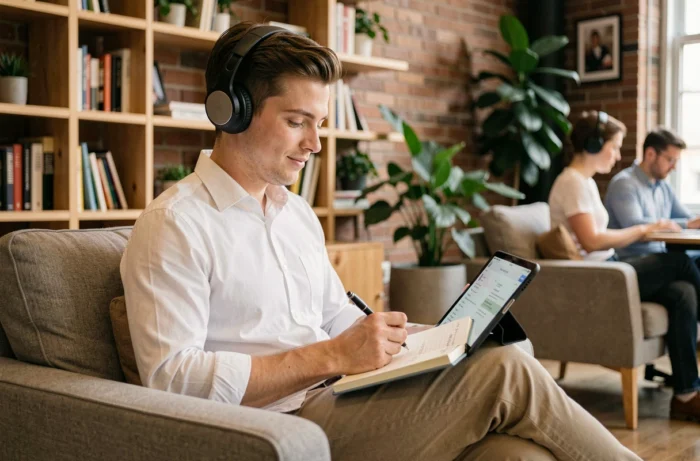Giovane professionista che segue una formazione e-learning su tablet in uno spazio di coworking alla moda