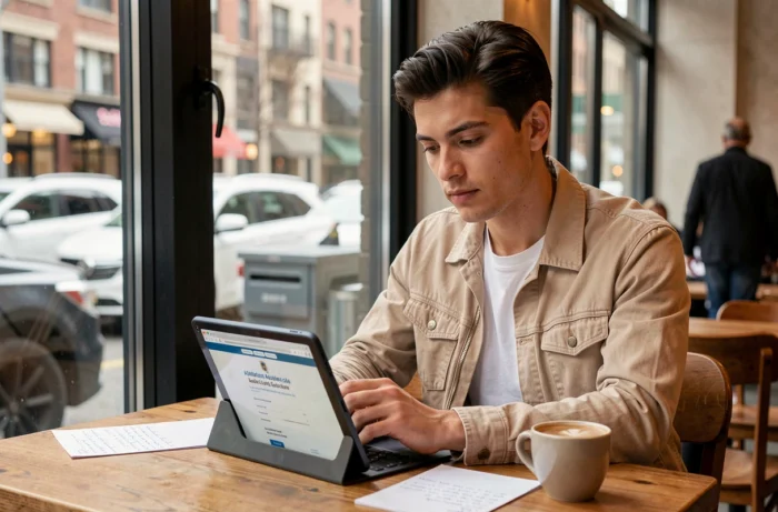 Jeune salarié recherchant des informations sur les aides financières à la mobilité professionnelle depuis un café en ville