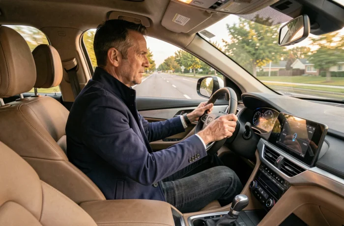Journaliste automobile au volant d'un SUV moderne lors d'un essai routier, intérieur en cuir et finitions aluminium brossé