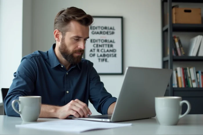 Journaliste masculin concentré lisant la ligne éditoriale du Blog des Décideurs à son bureau