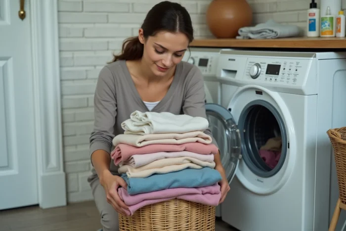 Jeune femme lavant des vêtements de seconde main en machine, geste d'hygiène préventive contre les risques sanitaires