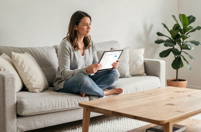 Femme consultant la carte du site d'un blog de maman sur une tablette dans son salon