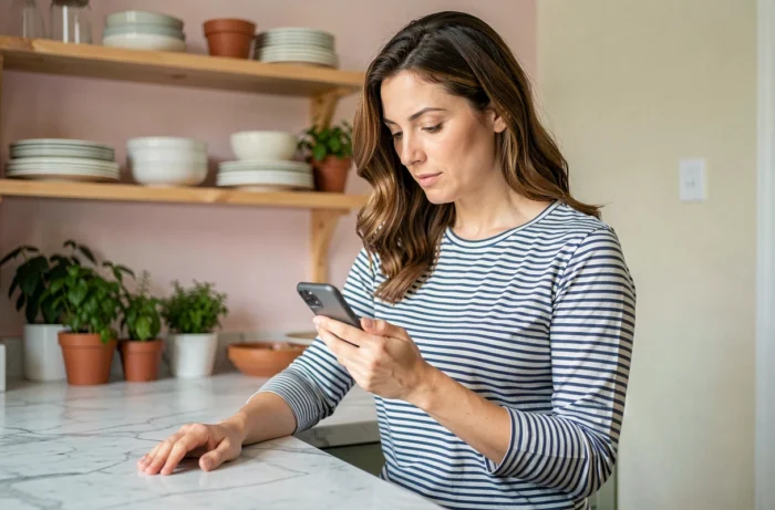 Maman parcourant le plan du site d'un blog parental sur son smartphone dans la cuisine