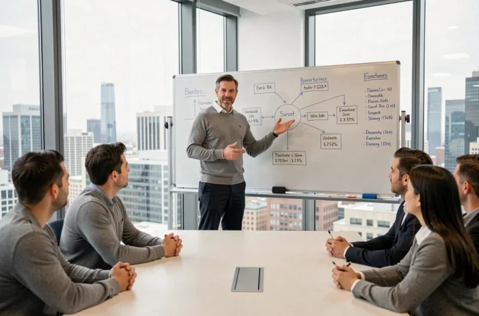 Manager che presenta strategie di performance al suo team in una sala riunioni moderna