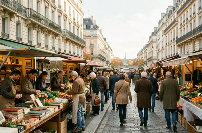 Marché parisien animé au bord de la Seine en automne avec vendeurs et passants sur les pavés
