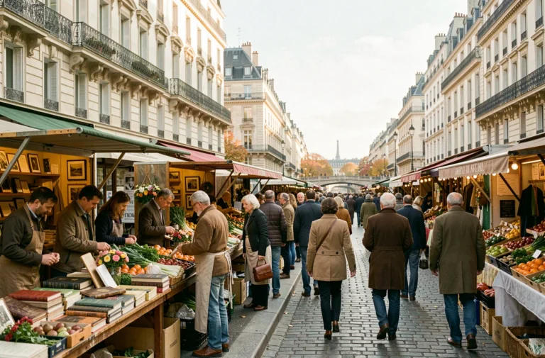Marché parisien animé au bord de la Seine en automne avec vendeurs et passants sur les pavés