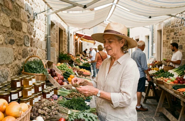 Femme au marché provençal près de Fuveau avec produits locaux artisanaux et étals colorés