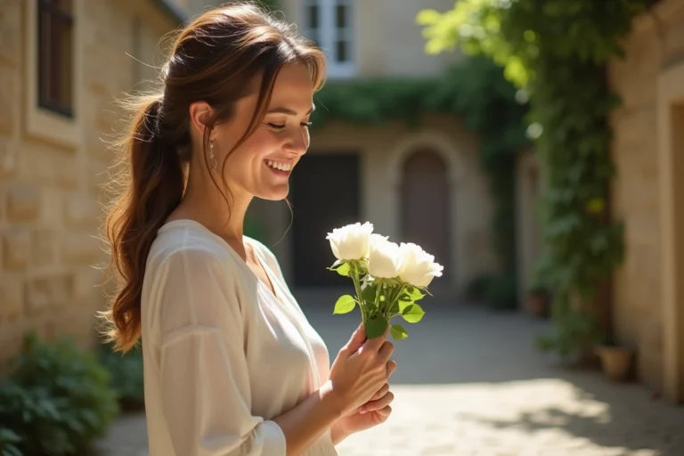Femme élégante en robe ivoire tenant un bouquet de roses blanches dans une cour parisienne en pierre, ambiance mariage discret et romantique
