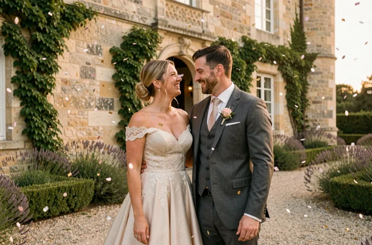 Mariés riant ensemble devant un château en pierre rustique lors d'une cérémonie de mariage en plein air