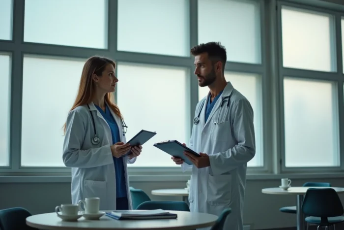 Médecin et docteur en discussion professionnelle dans une salle de pause hospitalière