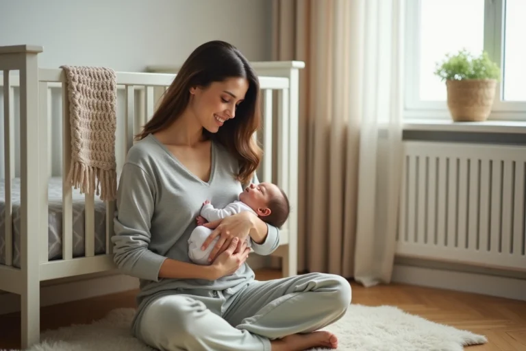 Jeune mère tenant son bébé endormi dans une chambre de bébé apaisante après un accompagnement sommeil